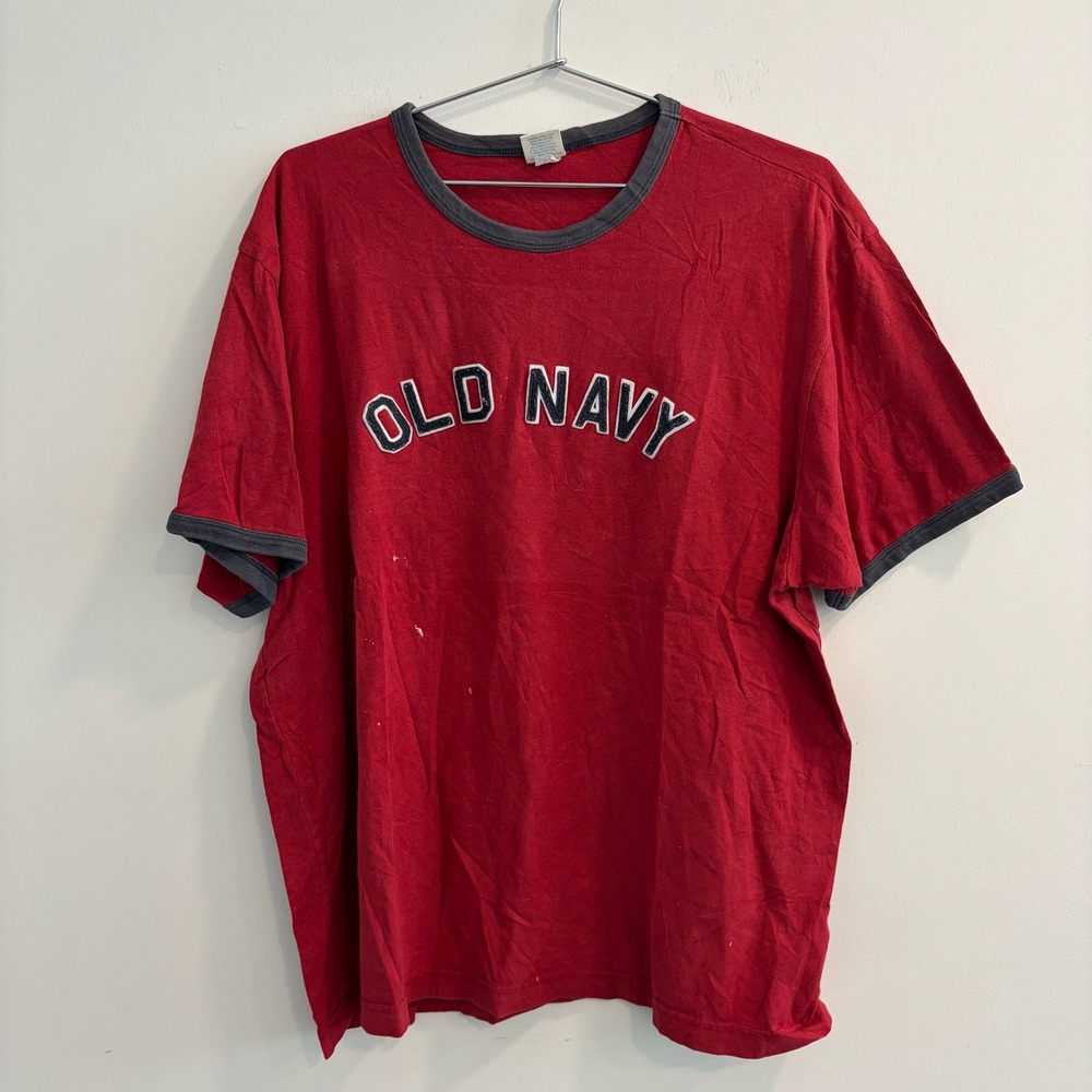 Old Navy Mens‎ XL Ringer T-Shirt Red Navy Blue Logo Graphic Applique Cotton Tee